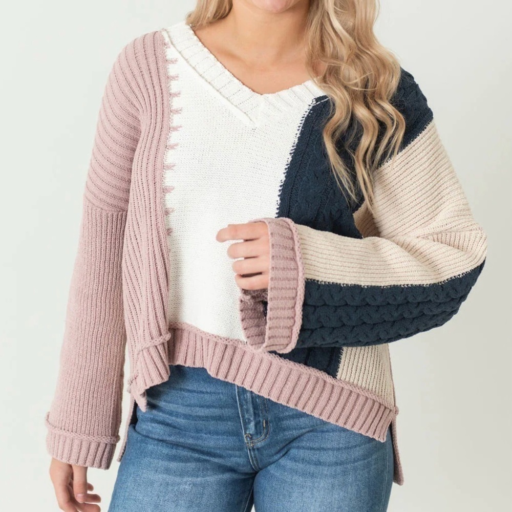 POL Nadene Beachy Color Block V Neck Flare Sleeve Cable Knit Chunky Sweater Sz M